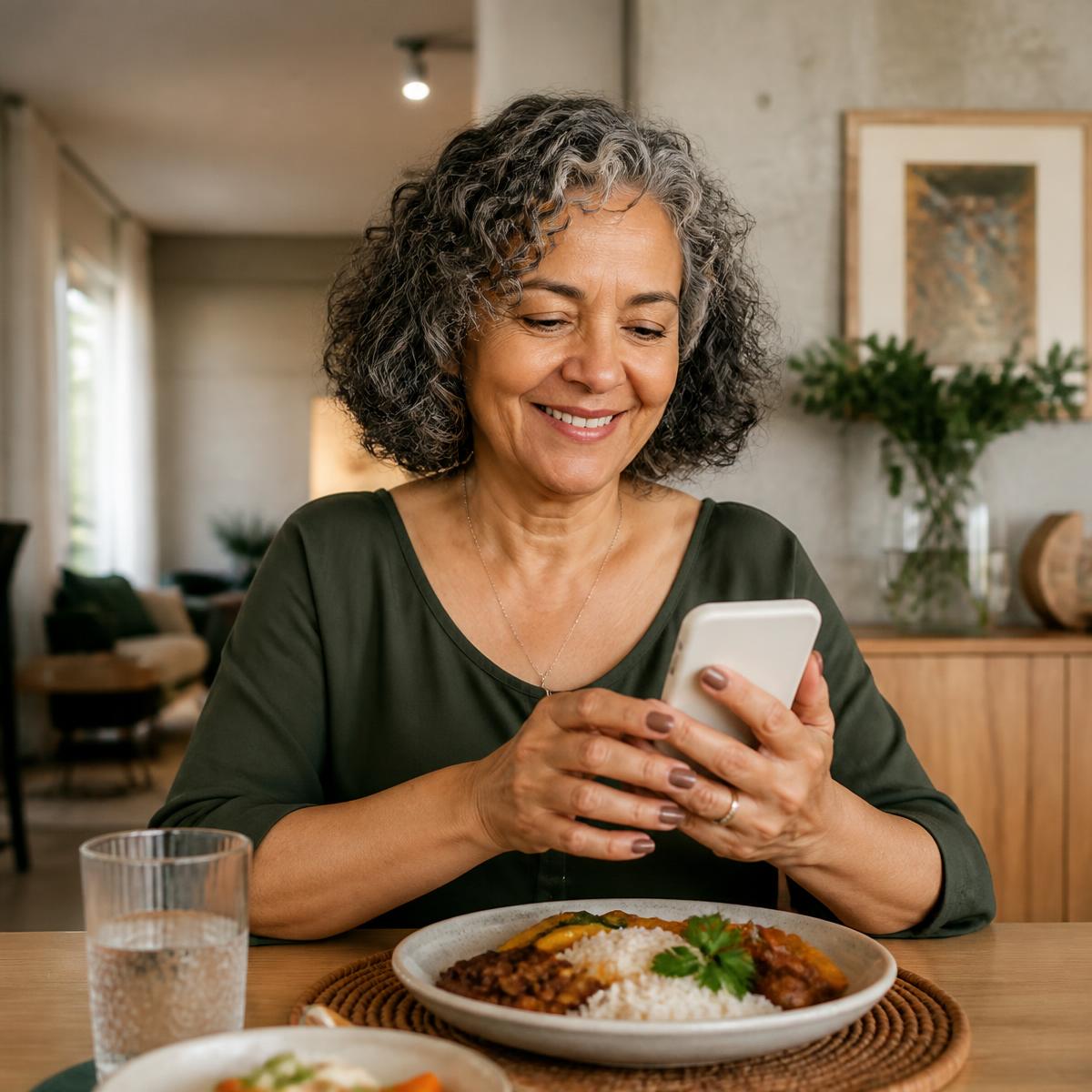 Mulher 50+ usando o celular com confiança para fazer uma tarefa do dia a dia